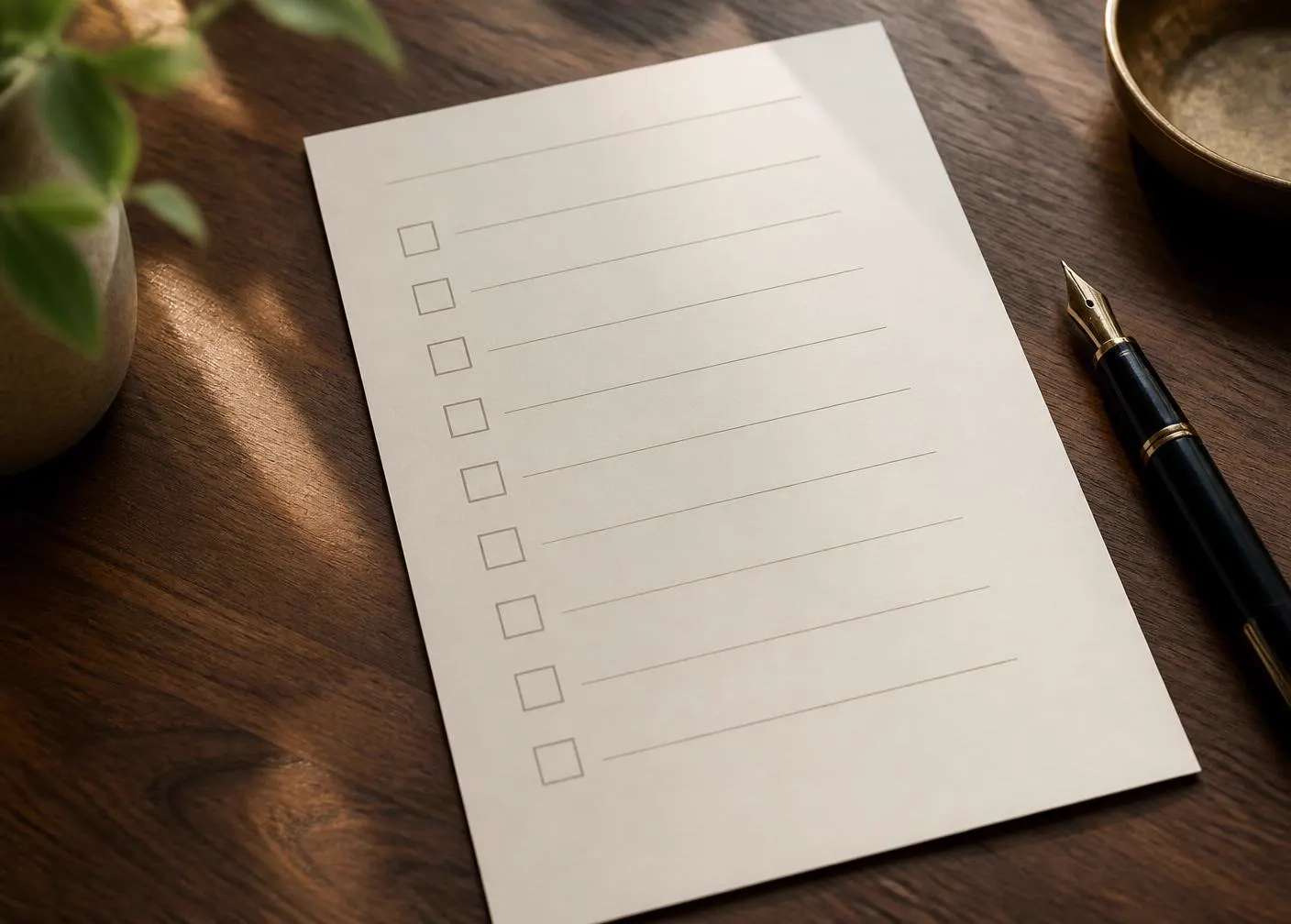 Printed checklist on a walnut desk